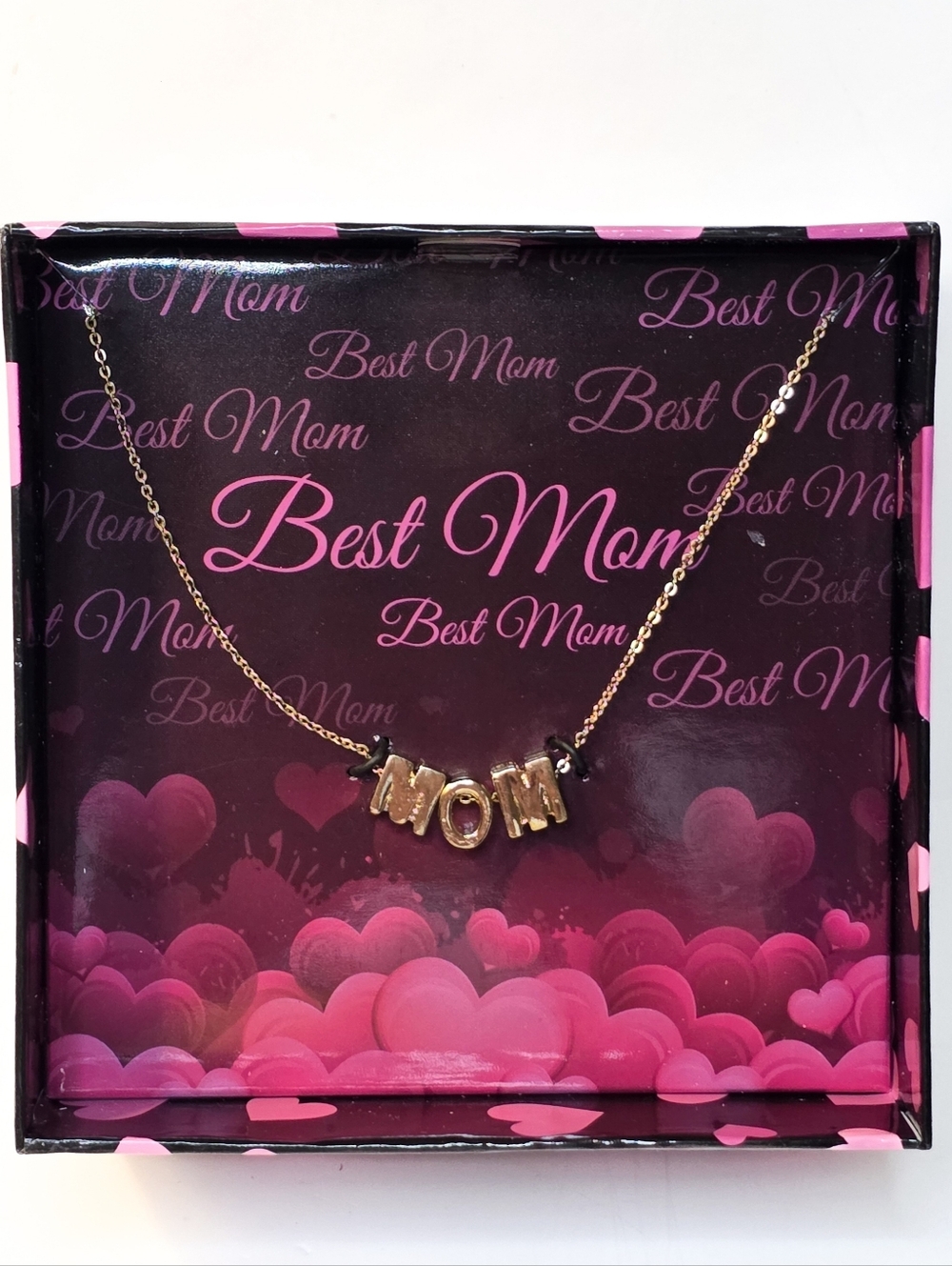 Mom Necklace Gold Tone Chain & Letter Charms In Heat Pattern Black Gift Box
